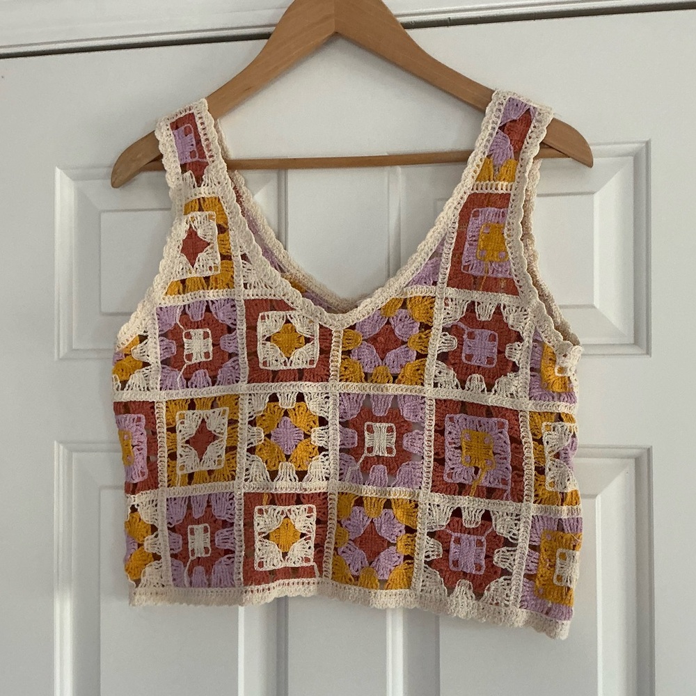 Rebellion Again Crochet Granny Square Knitted. Patchwork Crop Tank Top XS